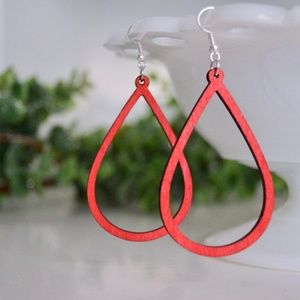 Wooden Lasercut Earrings Red Teardrops Lightweight
